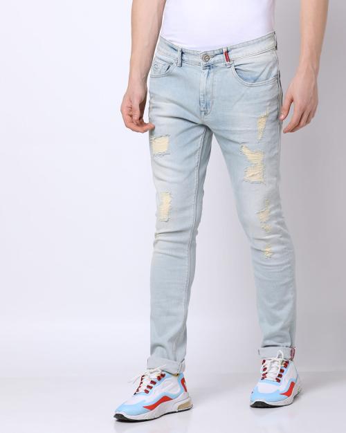Men Lightly Washed Distressed Slim Fit Jeans