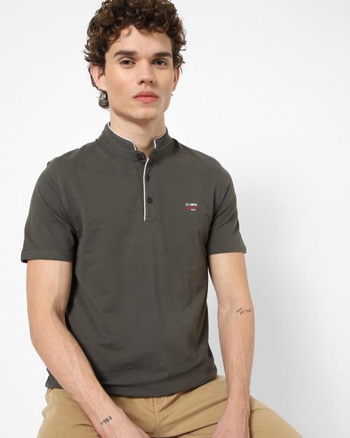 Regular Fit Logo Print Polo T-Shirt with Band Collar