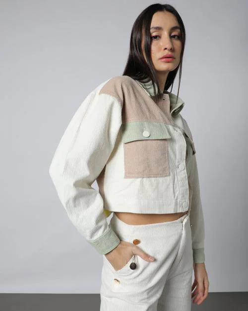 Women Colorblock Ribbed Corduroy Cropped Jacket