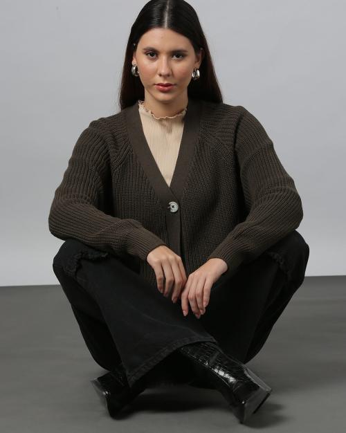 Women Flat-Knit Cropped V-Neck Cardigan