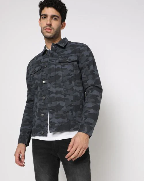 Camouflage Print Slim Fit Denim Jacket