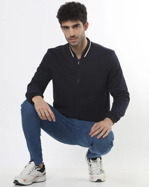 Knit Structure Zip-Front Bomber Jacket