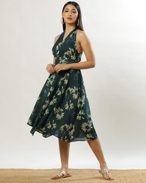 Women Cotton Printed Halter Neck Dress