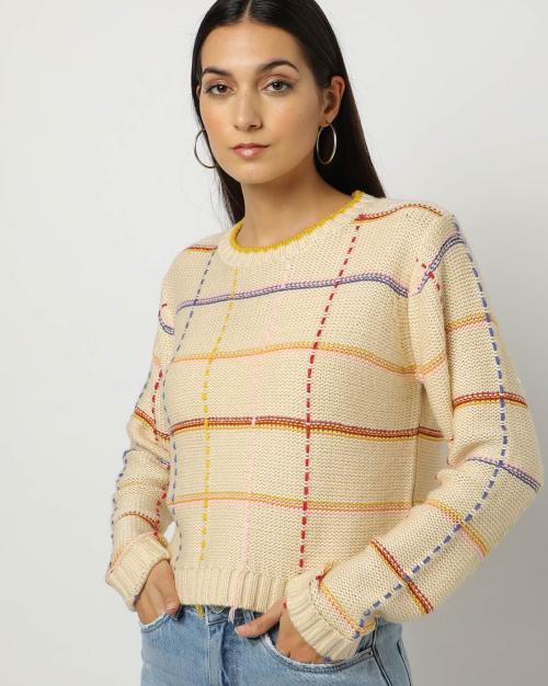 Checked Round-Neck Pullover