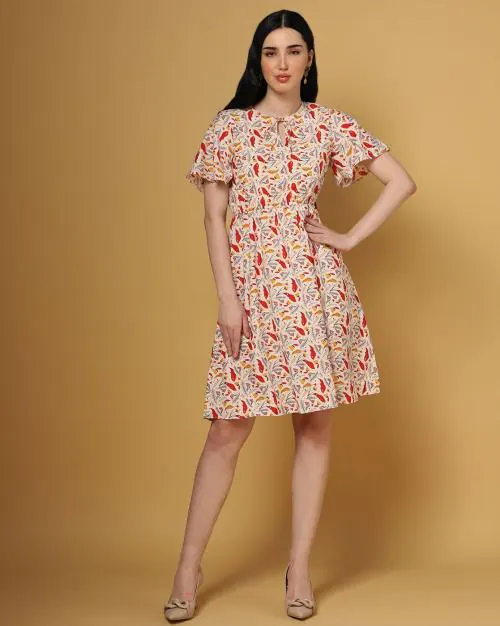 Printed A-line Dress with Keyhole Neckline