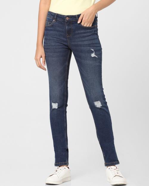 Women Lightly Washed _and_ Distressed Skinny Fit Mid-Rise Jeans