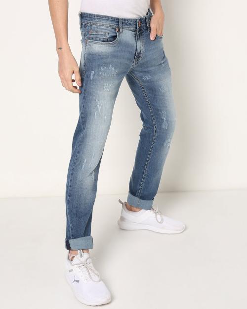 Men Lightly Washed Distressed Slim Fit Jeans