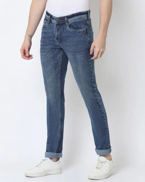 Mid-Wash Low-Rise Slim Fit Denim Jeans