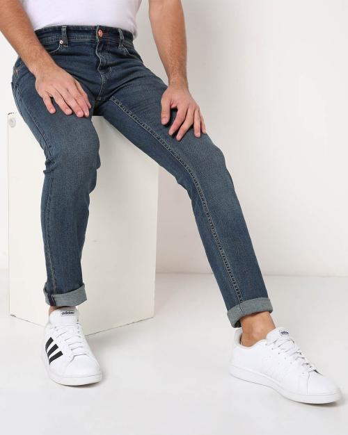 Mid-Wash Slim Fit Jeans with Whiskers