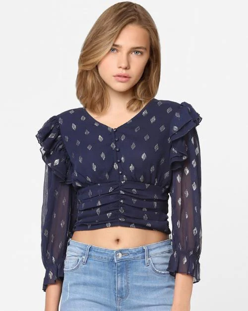 V-neck Ruched Top with Ruffled Sleeves