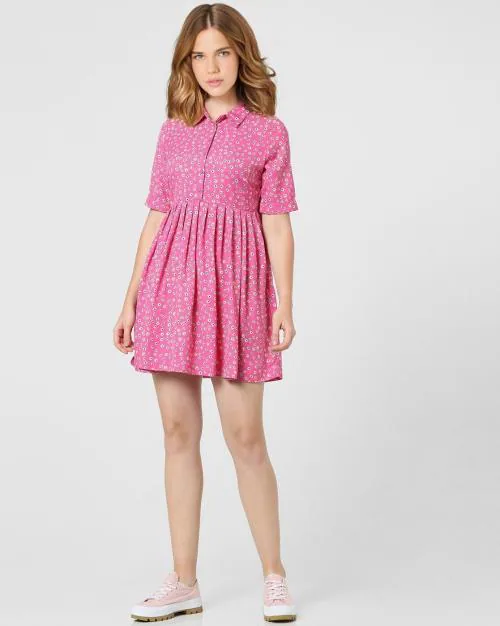 Floral Print Collared Flared Dress