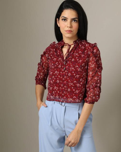 Floral Print Blouse with Ruffled Trims