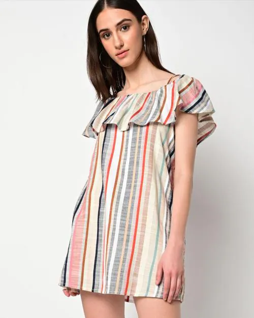 Striped Off-Shoulder Slim Shift Dress