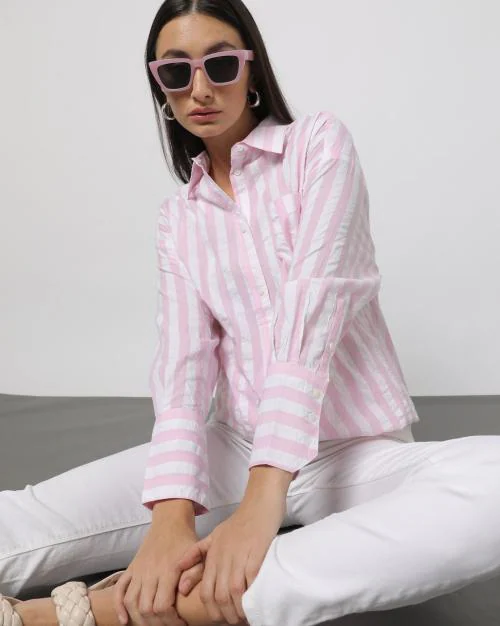 Women Boxy Longline Shirt with Curved Hemline