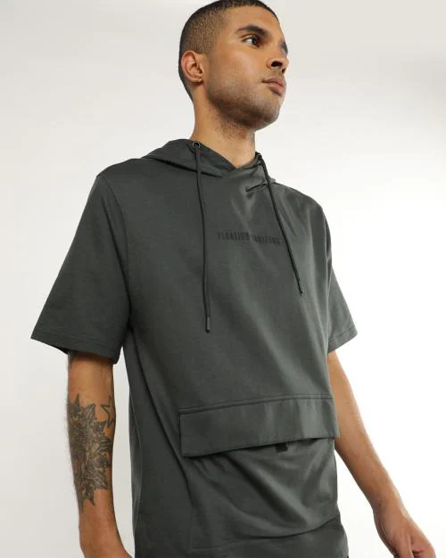 Regular Fit Typographic Print Hooded T-shirt with Flap Pocket