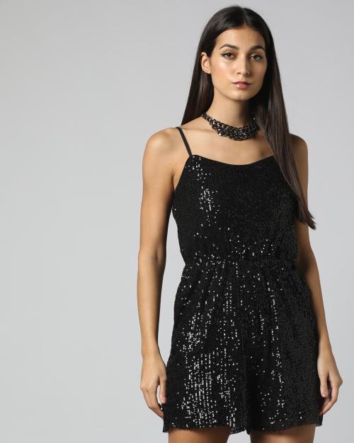 Women Sequin Embellished Playsuit with Insert Pockets