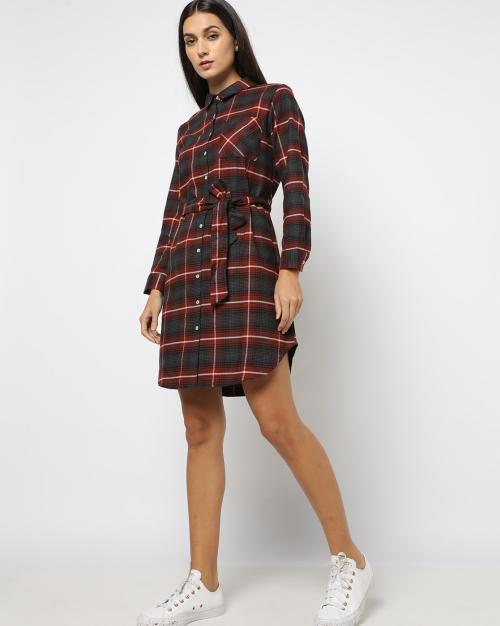 Checked Button-Down Slim Fit Shirt Dress with Fabric Belt