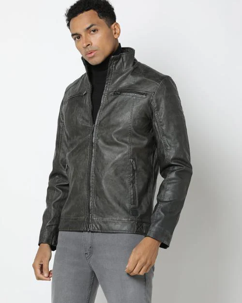 Buy Genuine Leather Zip-Front Biker Jacket Online at Best Prices in ...
