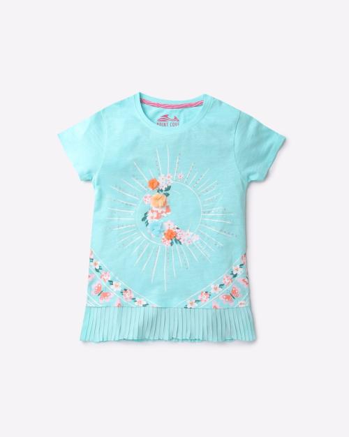 Floral Print T-shirt with Pleated Hangdown