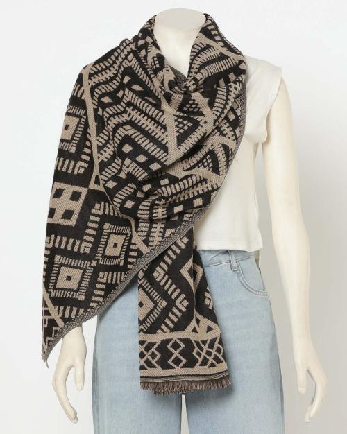 Women Geometric Pattern Stole with Frayed Hems