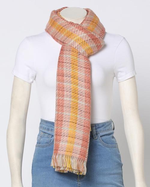 Women Checked Woven Shawl with Raw Edges