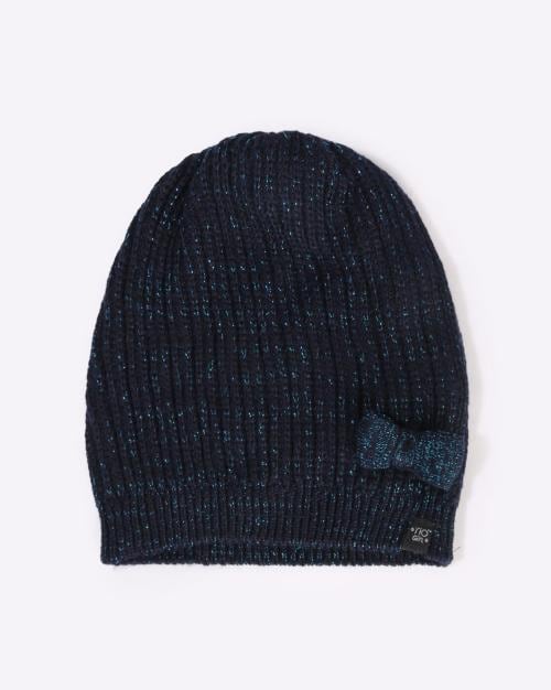 Girls Knitted Beanie with Bow Applique