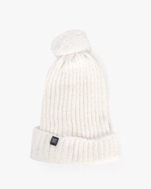 Ribbed Beanie Hat with Fur Accent