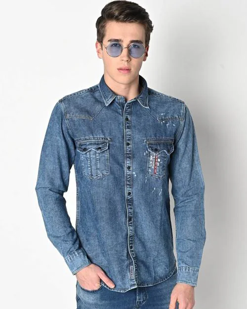 Mid-Wash Ripped Denim Shirt