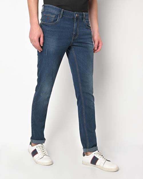 Men Lightly Washed Distressed Slim Fit Jeans
