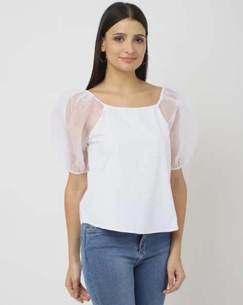 Top with Sheer Puff Sleeves