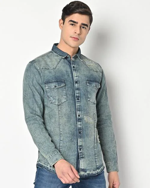 Washed Denim Shirt with Flat-Pockets