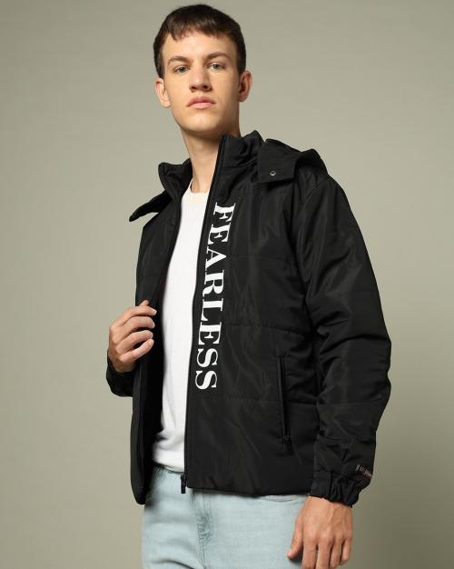 Men Typographic Print Regular Fit Zip-Front Hooded Jacket