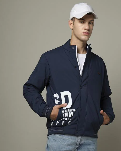 Men Typographic Print Slim Fit Zip-Front Bomber Jacket
