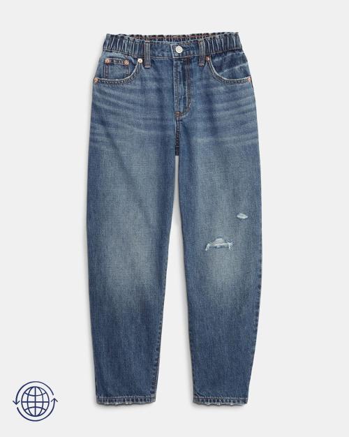 Girls Mid-Wash Distressed Barrel Fit Jeans