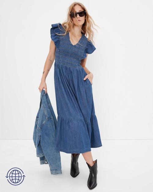 Smocked V-Neck A-Line Dress