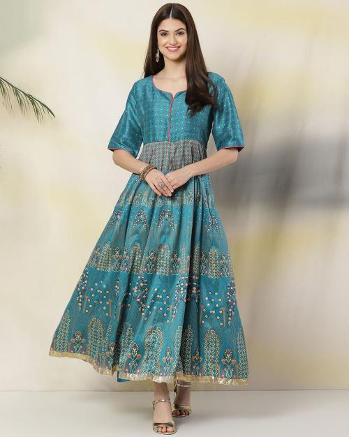 Turquoise Anarkali Polyester Printed Kurta