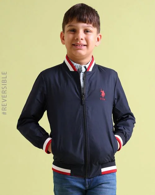 Boys Striped Reversible Zip-Front Bomber Jacket