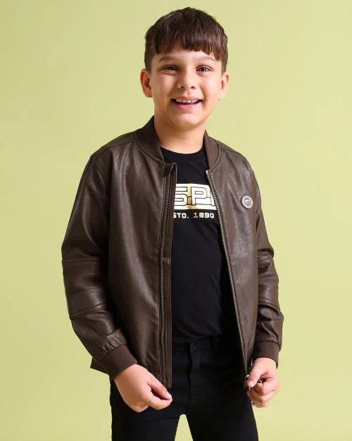 Boys Zip-Front Leather Bomber Jacket