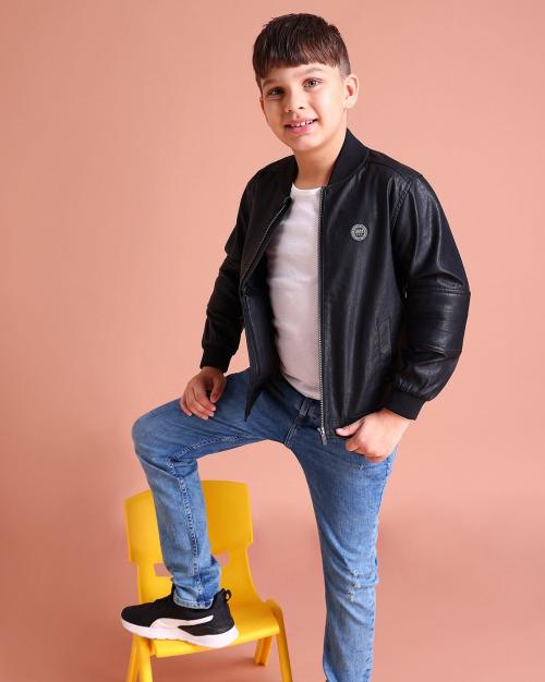 Boys Zip-Front Leather Bomber Jacket