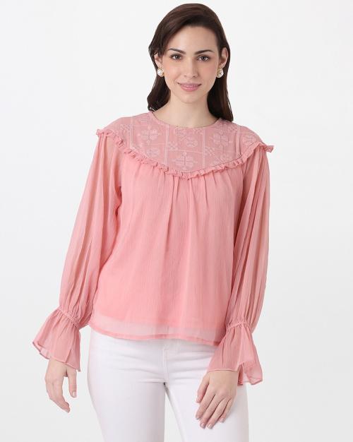 Embroidered Round-Neck Top