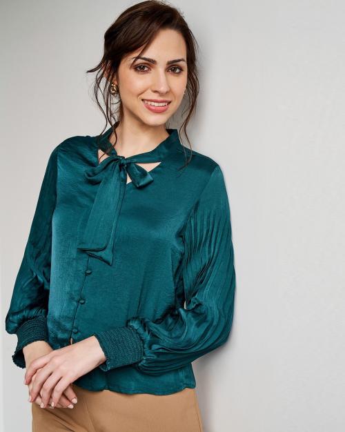 Tie-Up Neck Top with Cuffed Sleeves