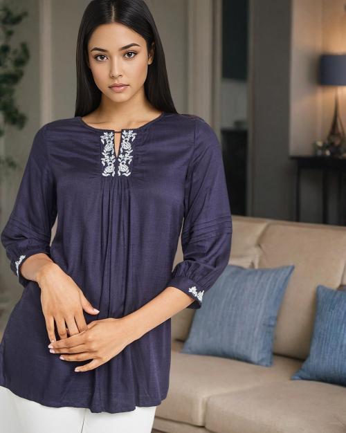 Floral Embroidered Tunic with Pintucks