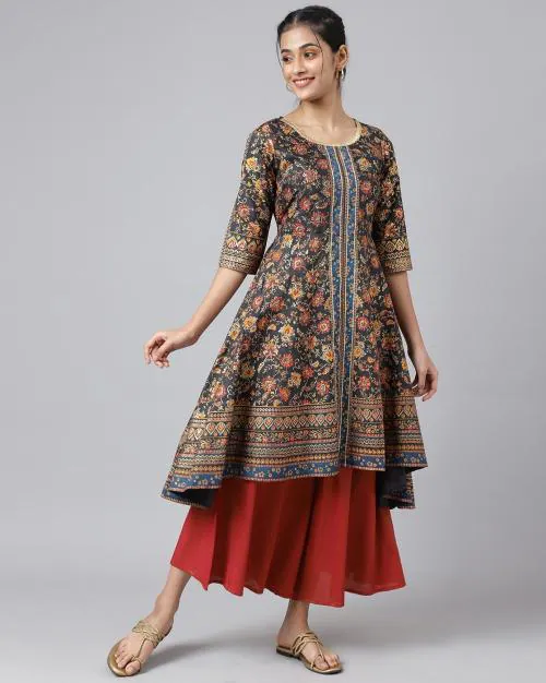 Floral Foil Print Flared Kurta