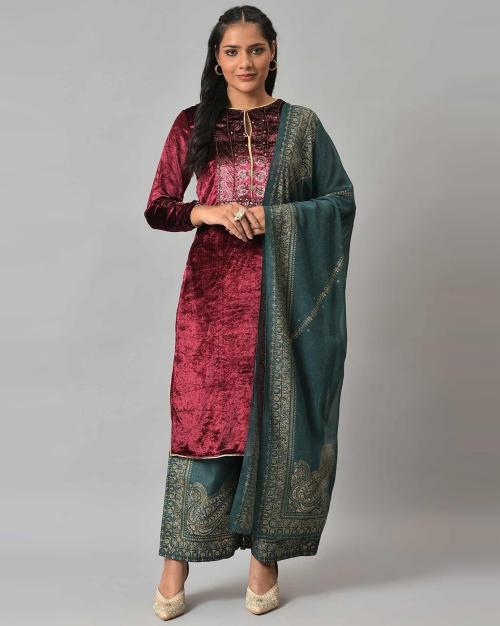 Sequined Straight Kurta & Parallel Pants Set with Dupatta