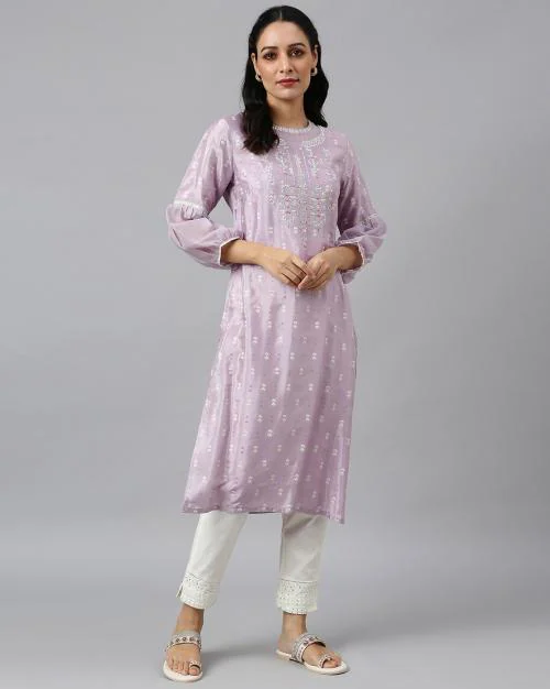 Embroidered Straight Kurta with Puff Sleeves