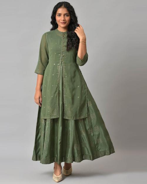 Women Mukaish Jacket with Flared Dress