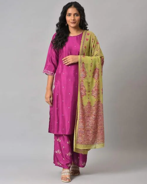 Shatung Embroidered Kurta Set with Dupatta