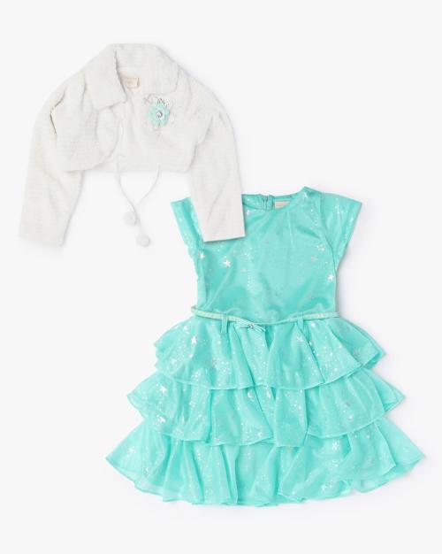 Printed Tiered Dress with Shrug & Belt