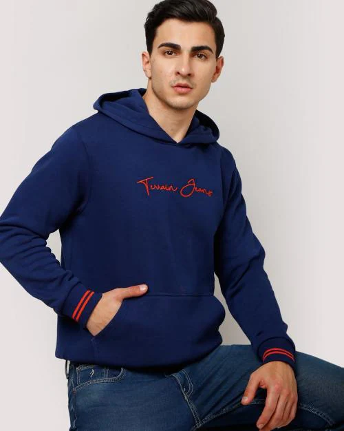 Men Logo Embroidered Regular Fit Hoodie