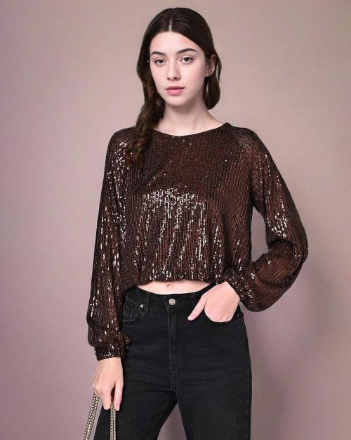 Women Sequinned Loose Fit Crop Top